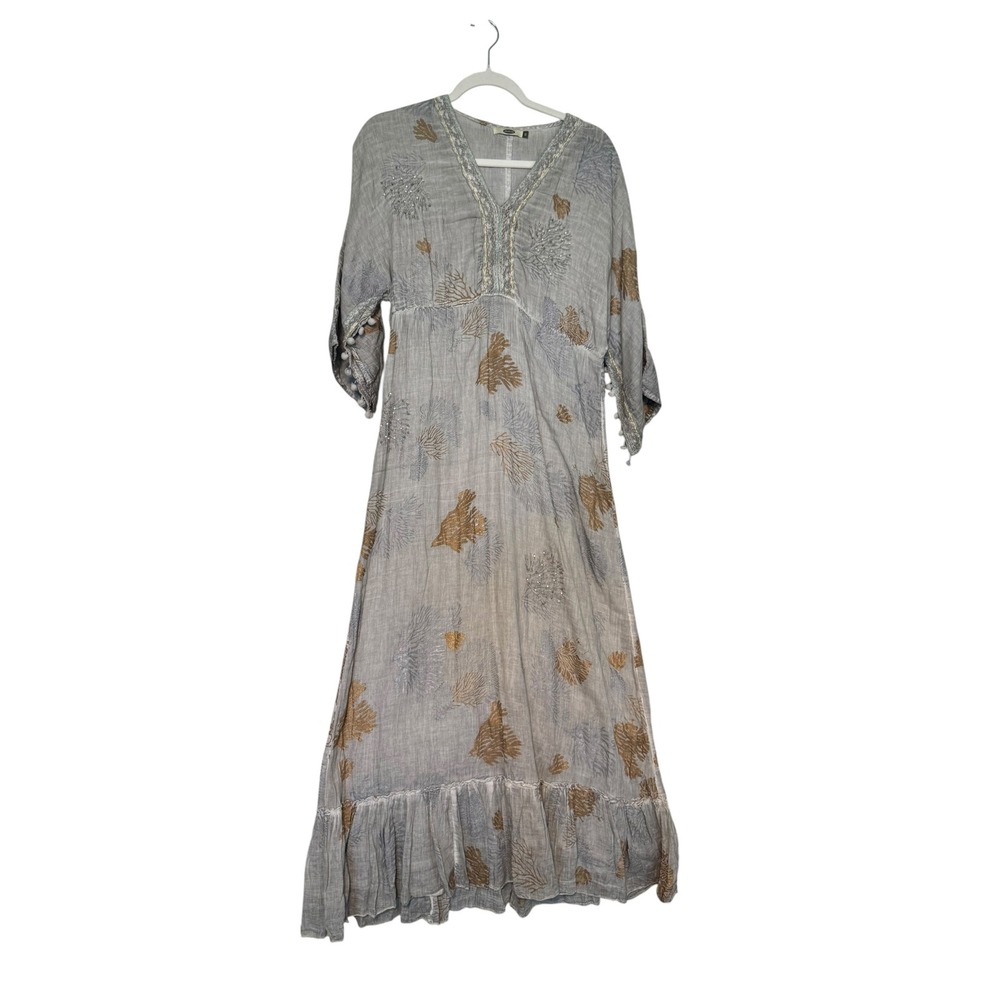 Dolma Grey Cotton Maxi Dress Embroidery Pom Pom Trim Small Boho Chic Relaxed